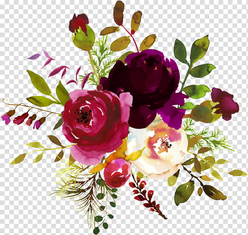Watercolor floral bouquet with deep burgundy, pink, and cream roses surrounded by greenery and delicate leaves.