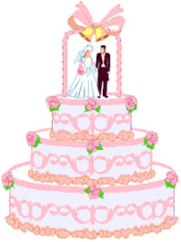 Pink three-tier wedding cake with bride and groom figurine, floral decorations, and heart motifs.