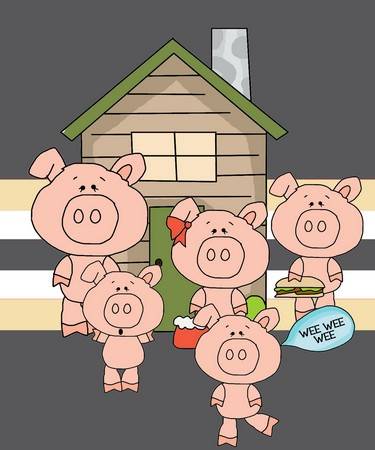 Four cartoon pigs-three adults and one child-stand before a wooden cabin; one holds a sandwich, another a bowl, with "Wee Wee Wee" speech bubble.