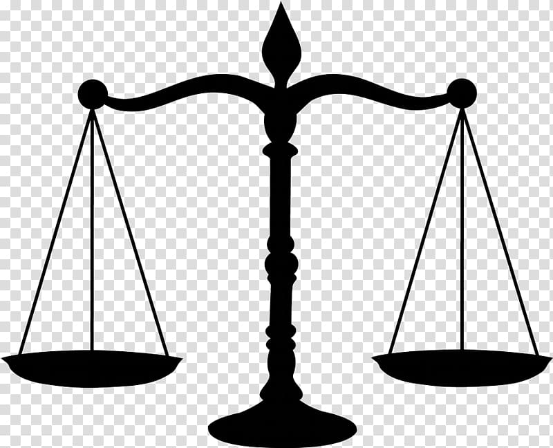Black silhouette of balanced justice scales on transparent background