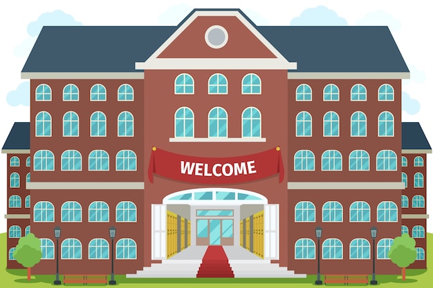 Red brick school building with arched windows, red carpet entrance, and "WELCOME" banner above doors.