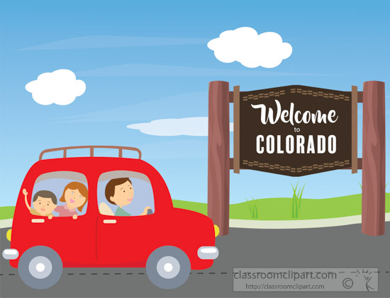 A red family car with three passengers waves as it passes a "Welcome to Colorado" wooden sign on a sunny road.