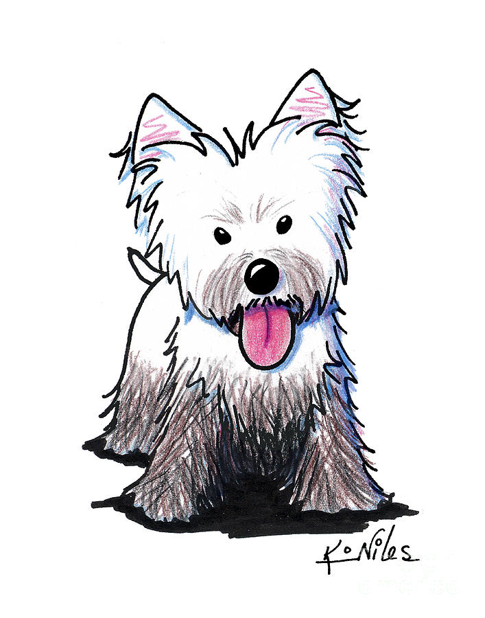 Cartoon-style West Highland White Terrier with fluffy white fur, pink tongue out, and expressive eyes, signed "K. Niles".