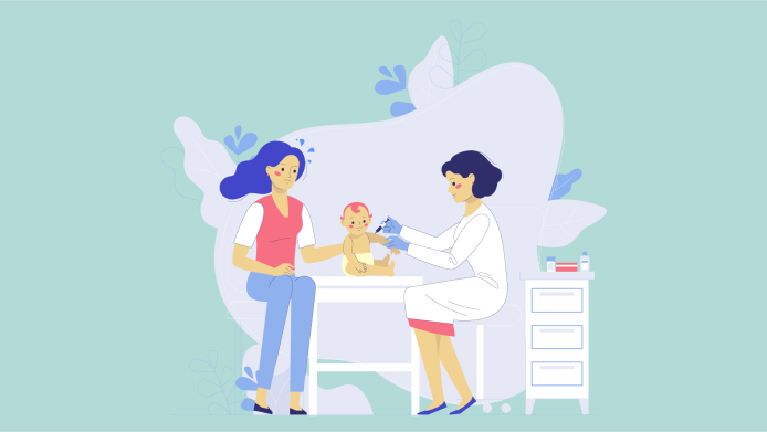 A mother sits with her baby as a healthcare professional administers a vaccine at a clinic table.