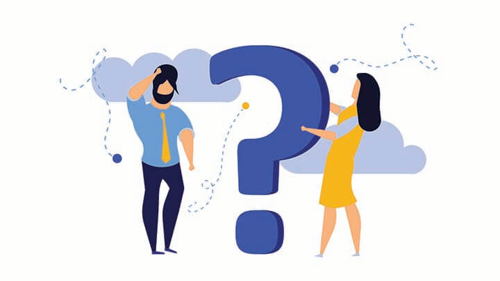 A man looking confused with hand on head, a woman pointing to a large blue question mark, symbolizing inquiry or problem-solving.