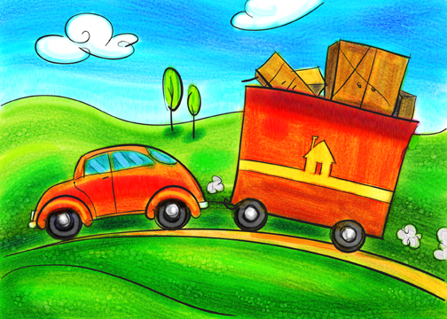 Red vintage car towing a moving truck loaded with boxes across green hills under a blue sky.