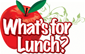 Red apple with green leaves and text "What's for Lunch?" in playful font, decorative vine swirls.