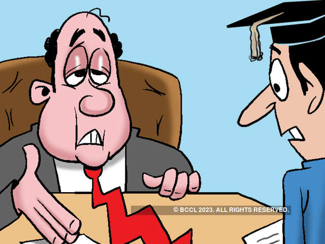 A cartoon of a frustrated hiring manager reviewing a resume with a red downward arrow, while a fresh graduate looks on anxiously.