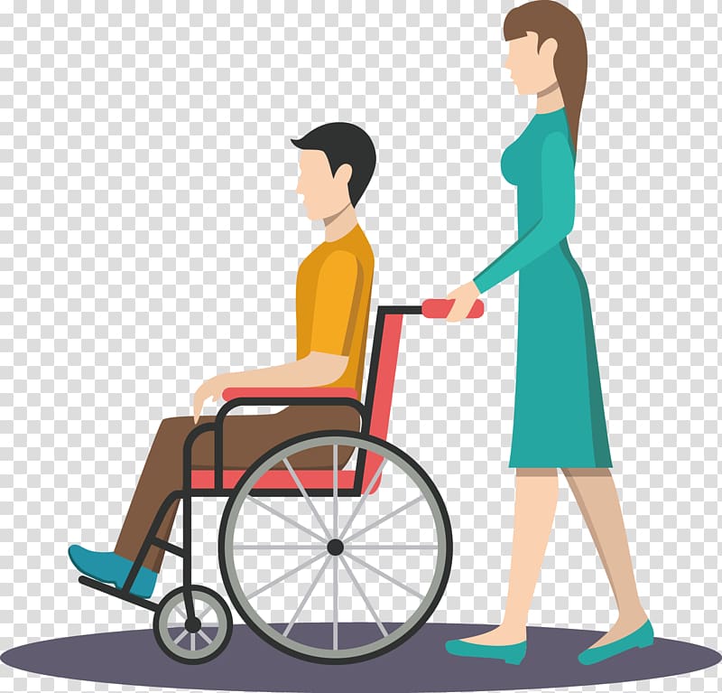 Woman pushing a man in a wheelchair, side view illustration of care and support.