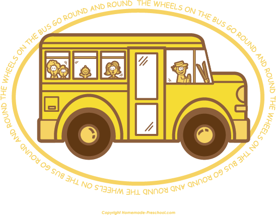 Yellow school bus with smiling children and driver, surrounded by "The wheels on the bus" lyrics in oval frame.