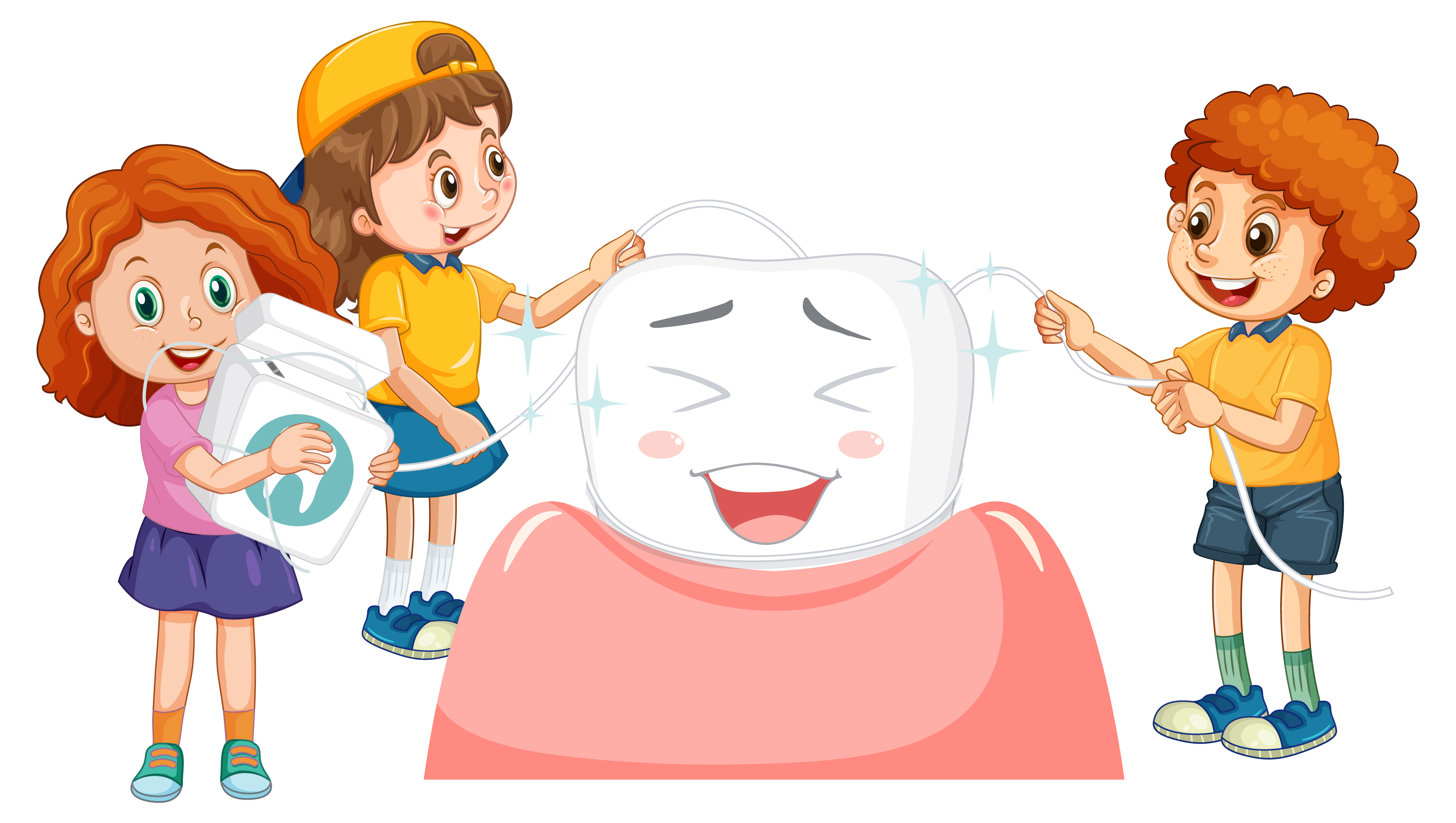 Three children happily flossing a giant animated tooth with dental floss dispensers and string.