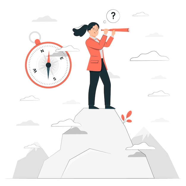 A woman in a red blazer stands atop a mountain peak, using a telescope to look ahead, with a compass and question mark nearby.