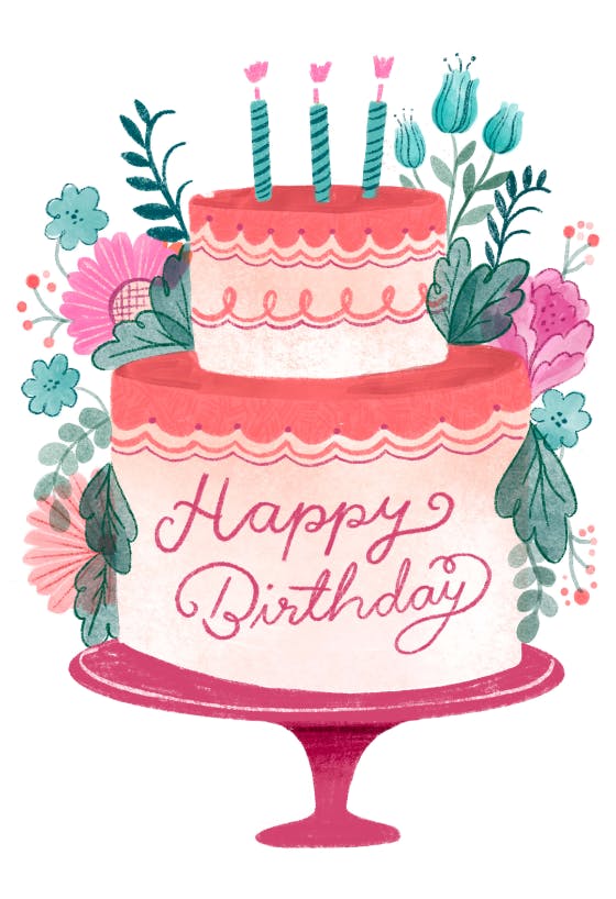 Two-tier pink birthday cake with "Happy Birthday" script, three candles, and floral decorations on a stand.