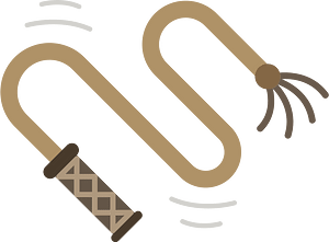 Stylized illustration of a coiled whip with a patterned wooden handle and braided lash against a green background.