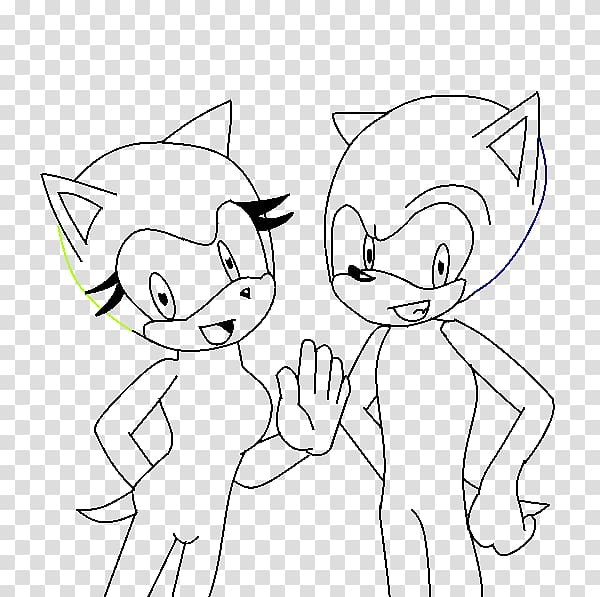 Line art drawing of two anthropomorphic hedgehog characters, one with green outline and black quills, the other with blue outline and classic spiky hair, waving and smiling.
