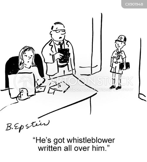 A cartoon showing a boy in a scout uniform covered in "whistleblower" notes, while adults look on skeptically.