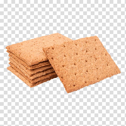 Stack of square whole wheat crackers with perforated texture on transparent background