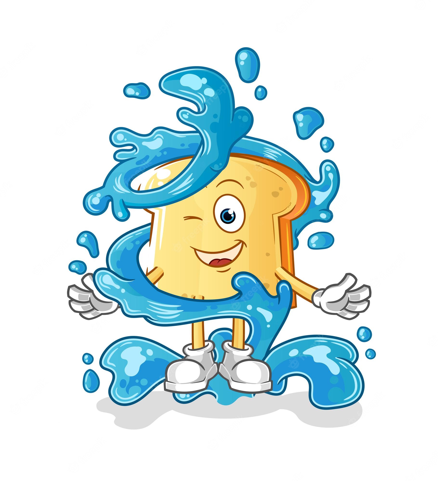 Cheerful cartoon toast mascot splashing in blue water, winking with arms outstretched and wearing white shoes.