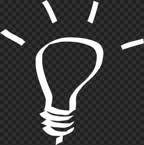 White line-art lightbulb icon with radiating lines on transparent background, symbolizing ideas or innovation.