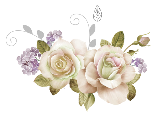 Delicate pastel roses and lavender blossoms with green leaves and decorative swirls on white background.