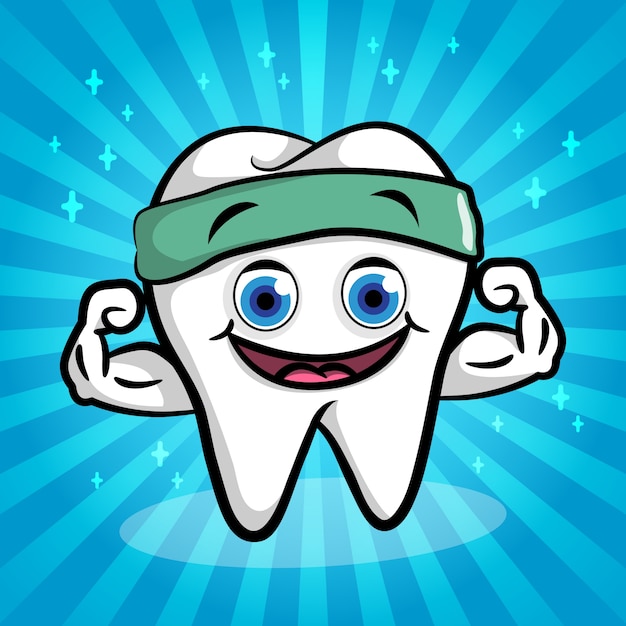 Smiling cartoon tooth wearing a green headband, flexing muscles against a blue starburst background.