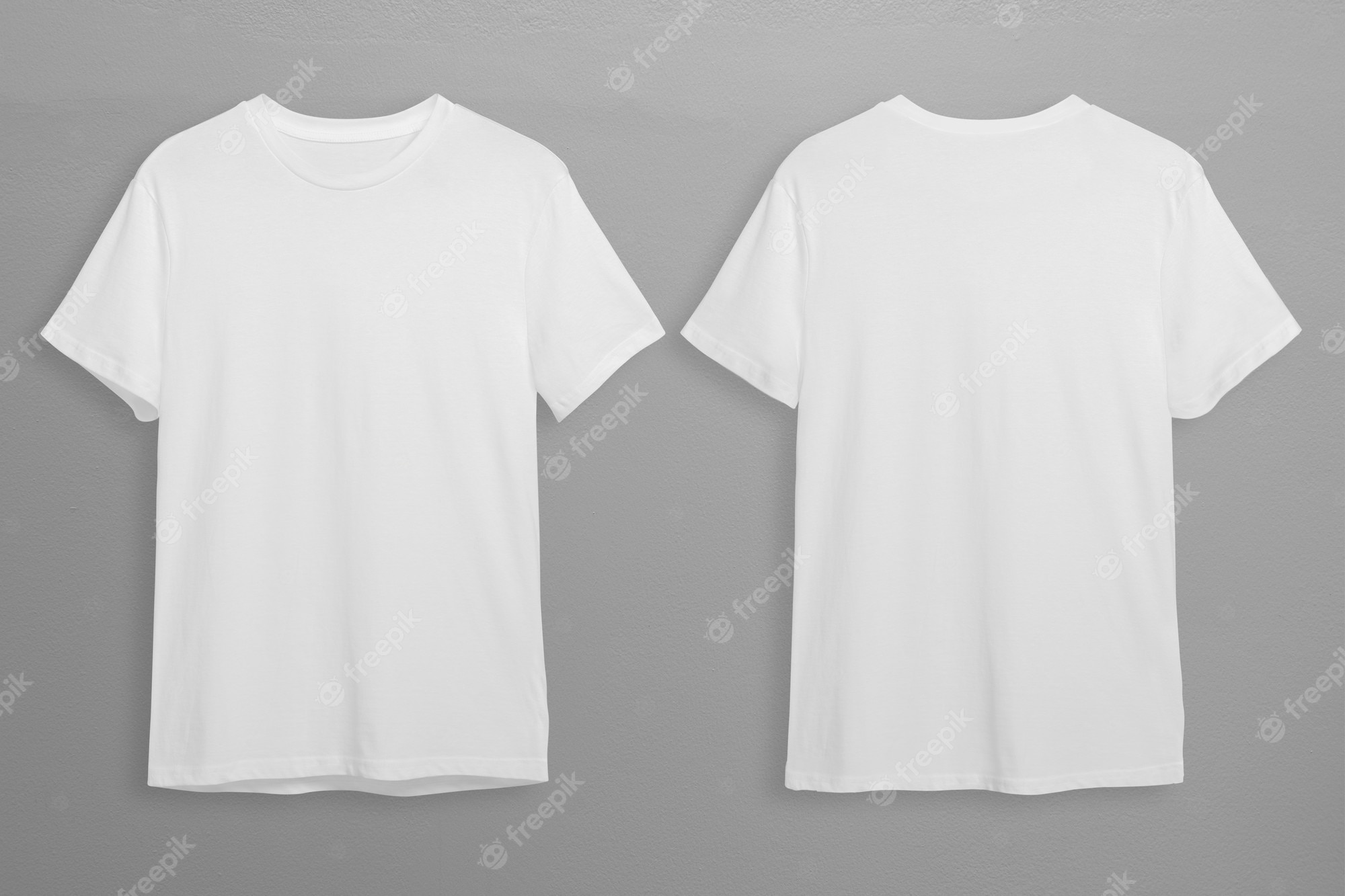 Front and back views of a plain white crew-neck T-shirt on gray background, ideal for design mockups.