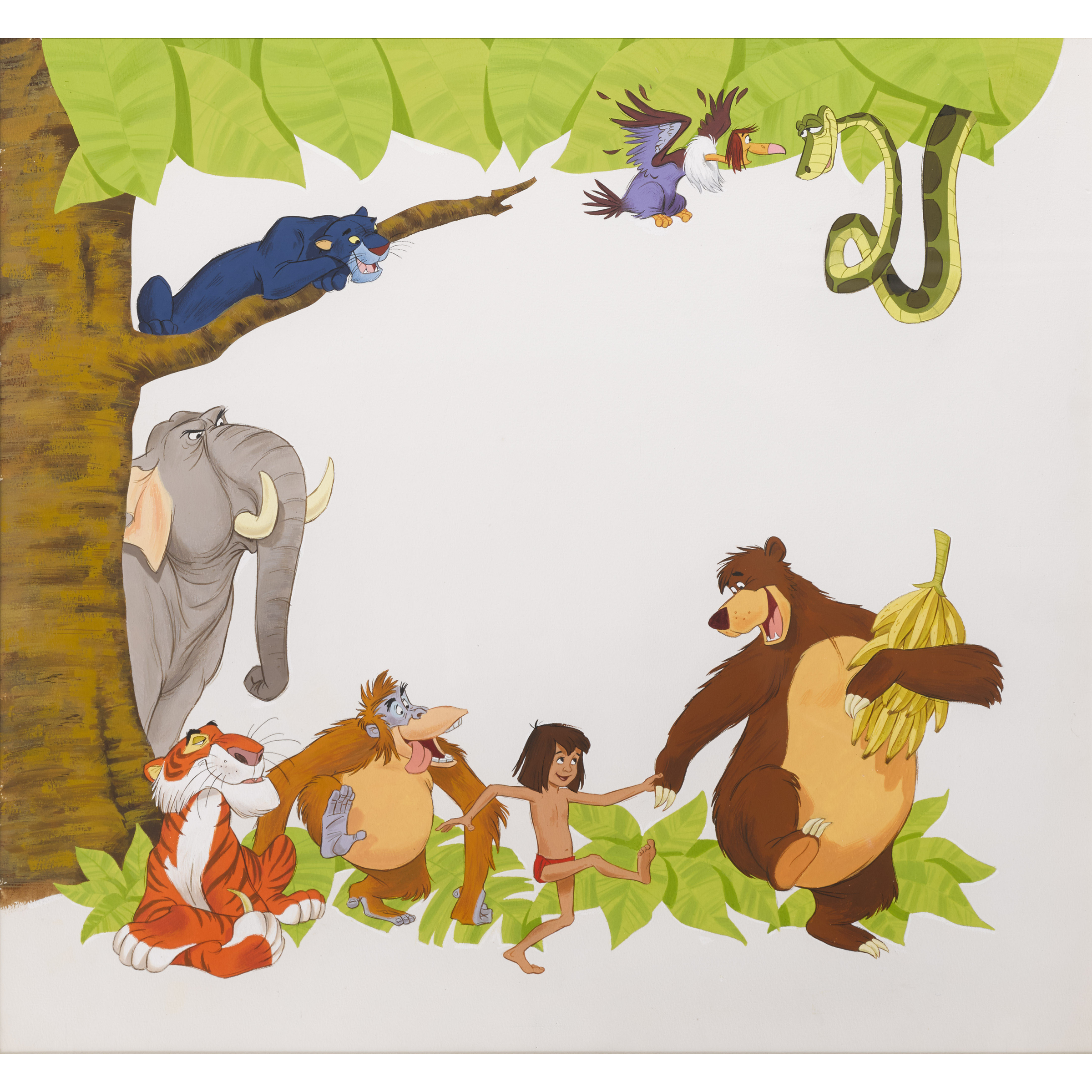 Classic Disney *The Jungle Book* characters gathered joyfully around Mowgli in a jungle clearing, including Baloo, Bagheera, King Louie, Shere Khan, Kaa, and others.