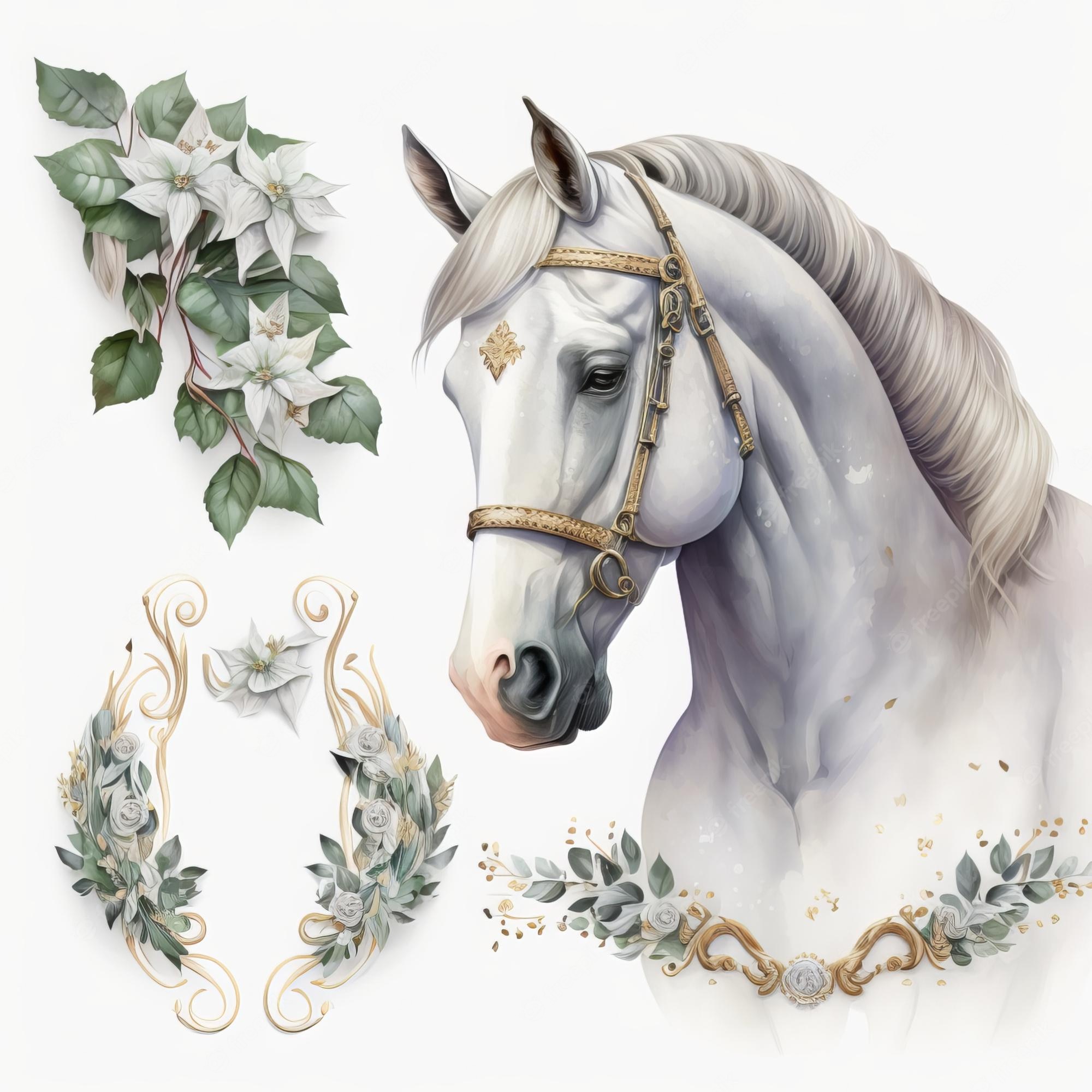 Elegant white horse with ornate golden bridle, surrounded by floral wreaths and white poinsettias in a refined artistic composition.