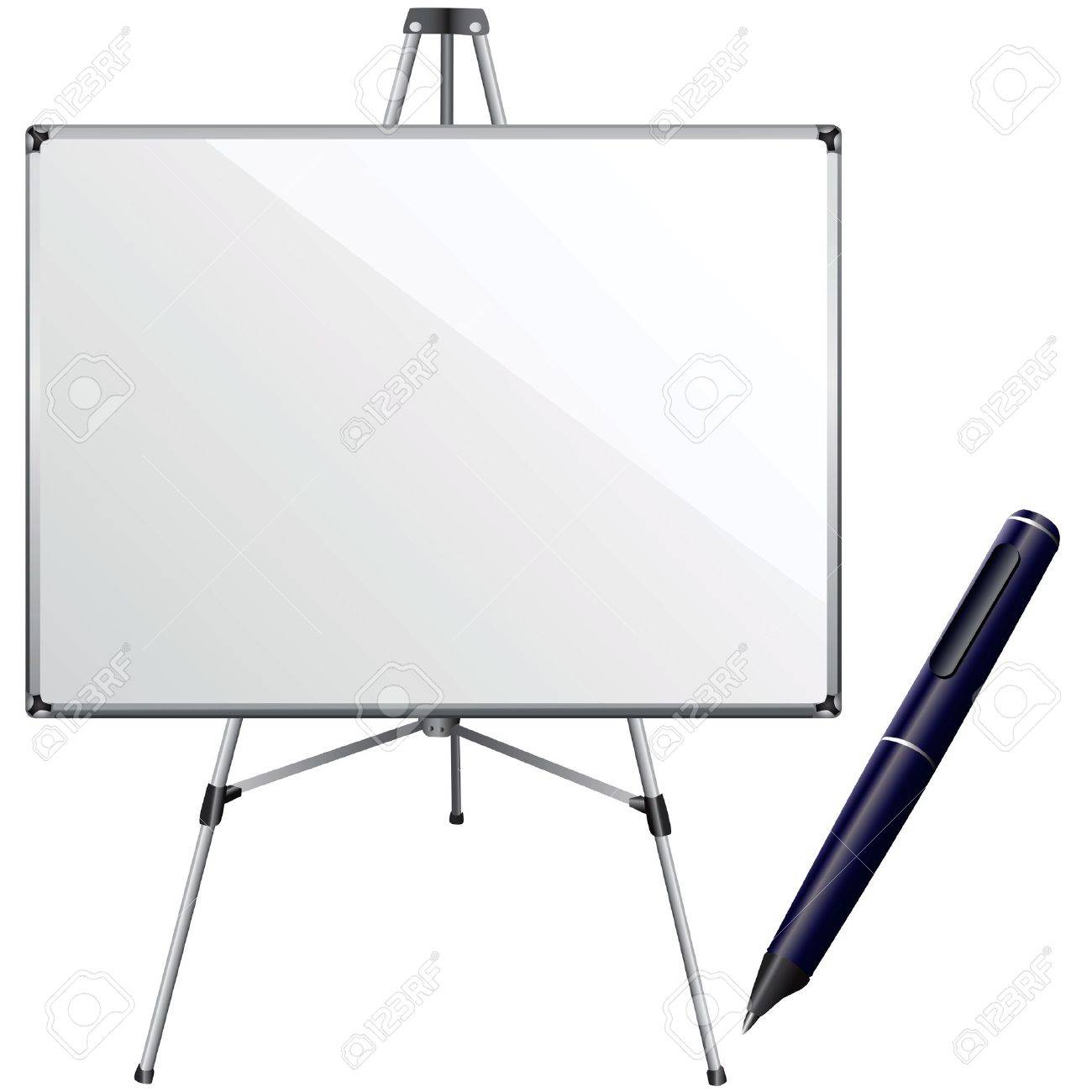 White dry-erase board on tripod stand with a blue marker beside it, ready for presentation or brainstorming.