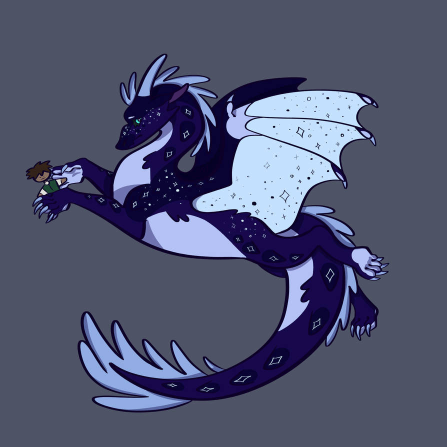 A majestic dark purple dragon with starry patterns and light blue wings gently holds a small human figure in its claws.