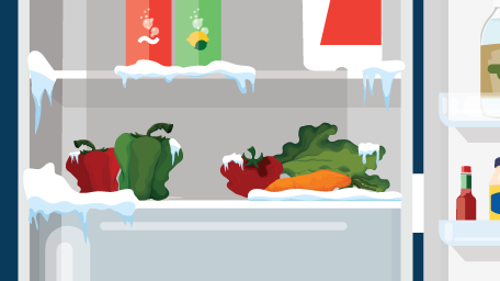 A frosty refrigerator interior with icy shelves, frozen vegetables, and condiments, illustrating freezer burn or over-chilling.