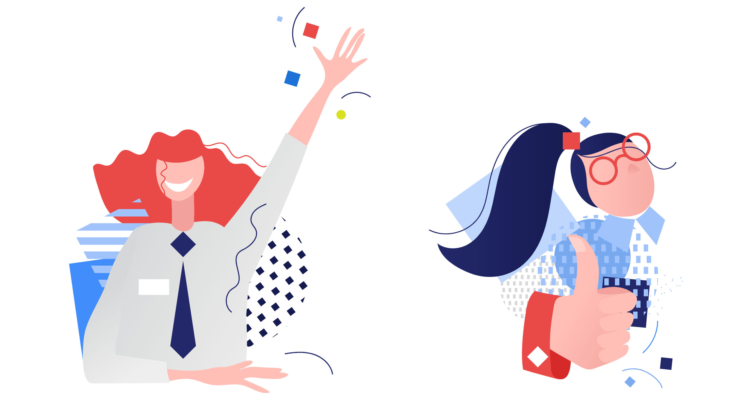 Two illustrated professionals celebrating success-one raising hands, the other giving a thumbs-up-surrounded by abstract shapes and data motifs.