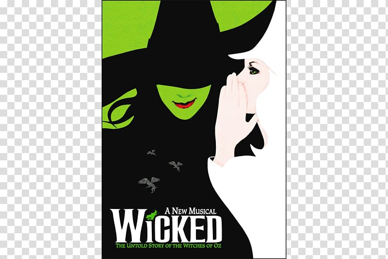 Stylized poster for the musical "Wicked" featuring a green-skinned witch in a black hat whispering to a blonde woman in white.