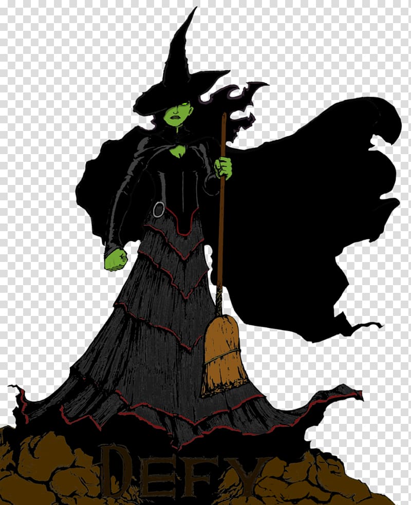 Green-skinned witch in black pointed hat and flowing cloak, holding a broom, standing on rocky ground with "DEFY" inscribed.