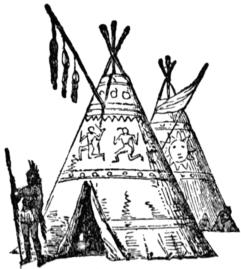 Black-and-white illustration of two decorated Native American tipis with figures, symbols, and a warrior holding a spear.