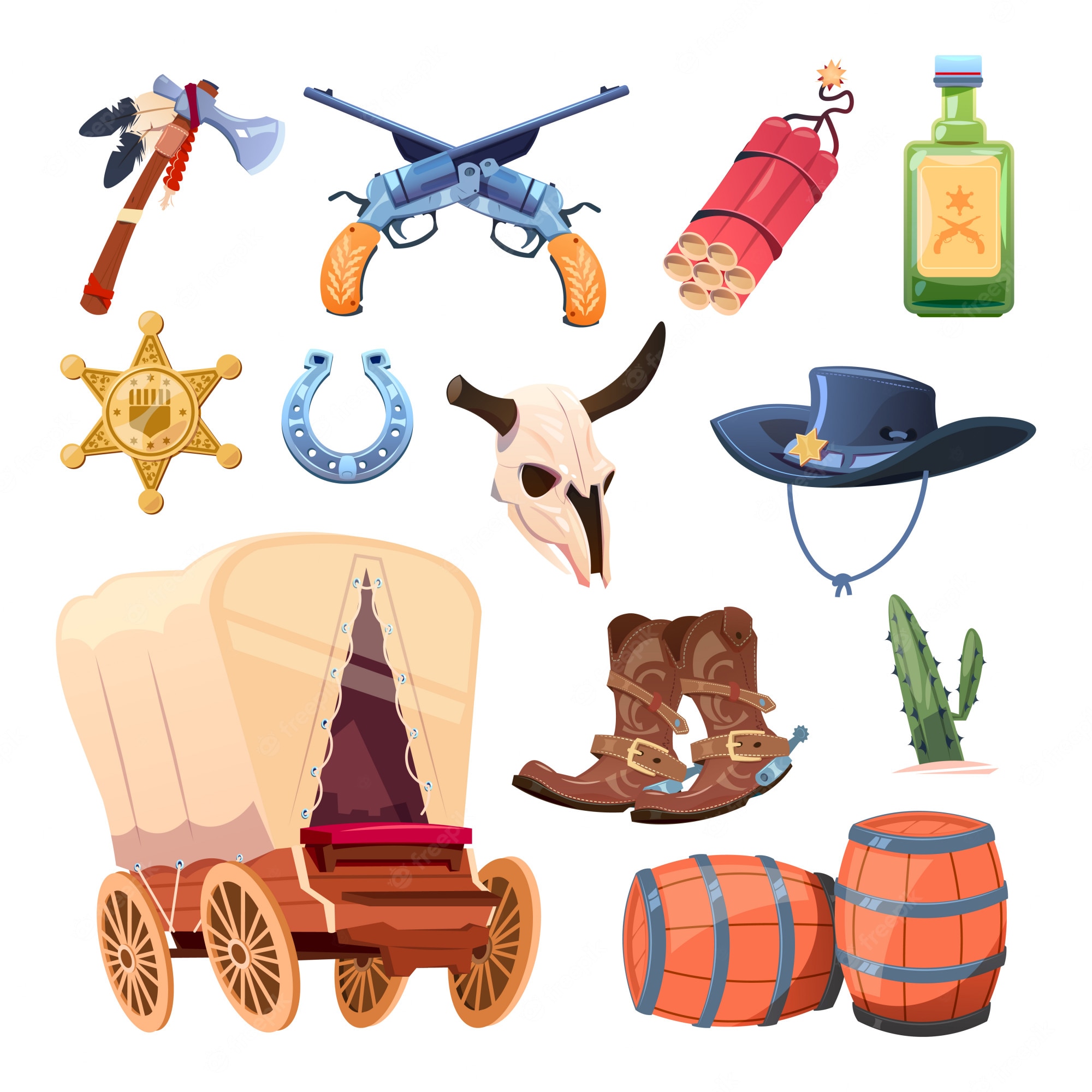 Western-themed icons including cowboy hat, revolver, wagon, boots, sheriff star, cactus, barrels, dynamite, and horseshoe.