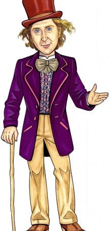 Willy Wonka in purple coat, top hat, and cane, smiling and gesturing warmly.