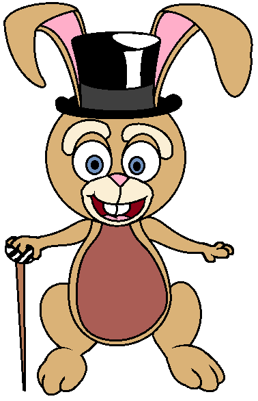 A cheerful cartoon bunny wearing a black top hat and holding a cane, with pink inner ears, blue eyes, and a wide smile.