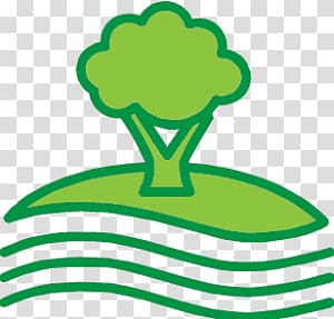 Green stylized tree on a hill above wavy water lines, symbolizing nature, sustainability, and environmental protection.