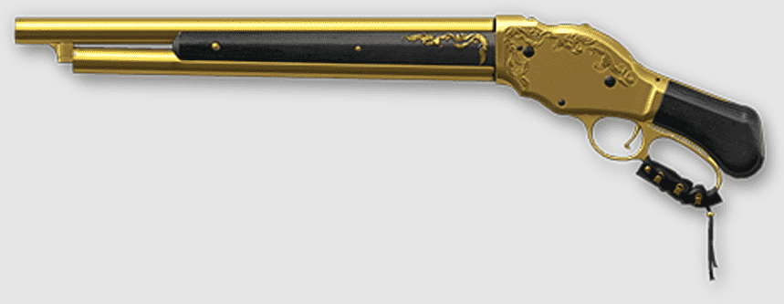 Golden ornate lever-action rifle with black grip and intricate floral engravings on a neutral background.
