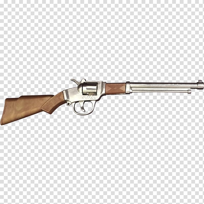Silver-finished lever-action revolver with wooden stock and grip, displayed on transparent background.