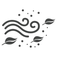 Stylized wind icon with swirling lines, scattered leaves, and dots representing gusts or particles.