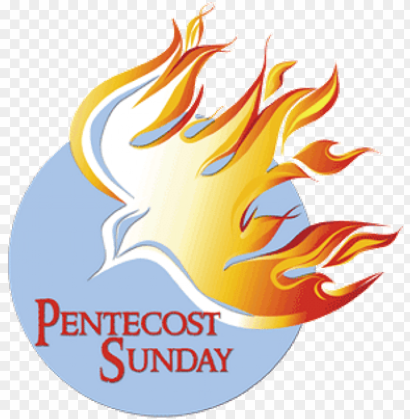 A dove engulfed in flames over a blue circle with "Pentecost Sunday" text, symbolizing the Holy Spirit.