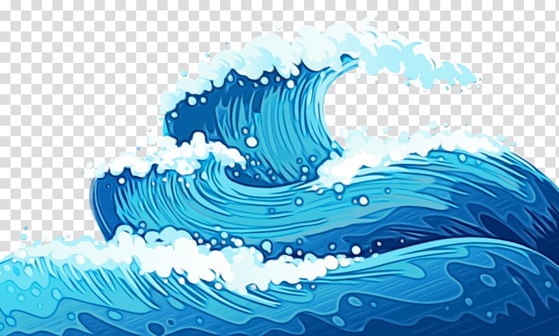 Dynamic blue ocean wave with white foam cresting, stylized vector illustration on transparent background.