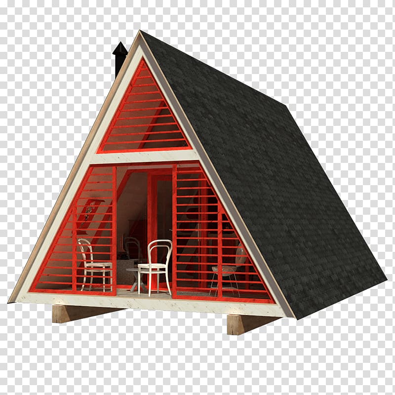 Modern A-frame cabin with red slatted windows, black shingle roof, and open interior featuring white chairs and wooden supports.
