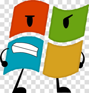 Animated Windows logo with anthropomorphic colored panes (red, green, blue, yellow) featuring eyes, mouths, arms, and legs.