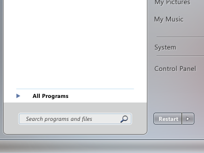 Windows Start Menu interface showing "All Programs", search bar, and system options like My Pictures and Control Panel.