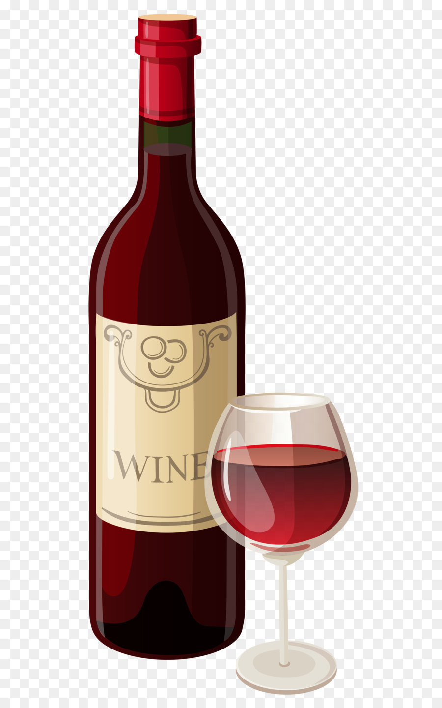 A red wine bottle with a beige label and a filled wine glass beside it on a transparent background.