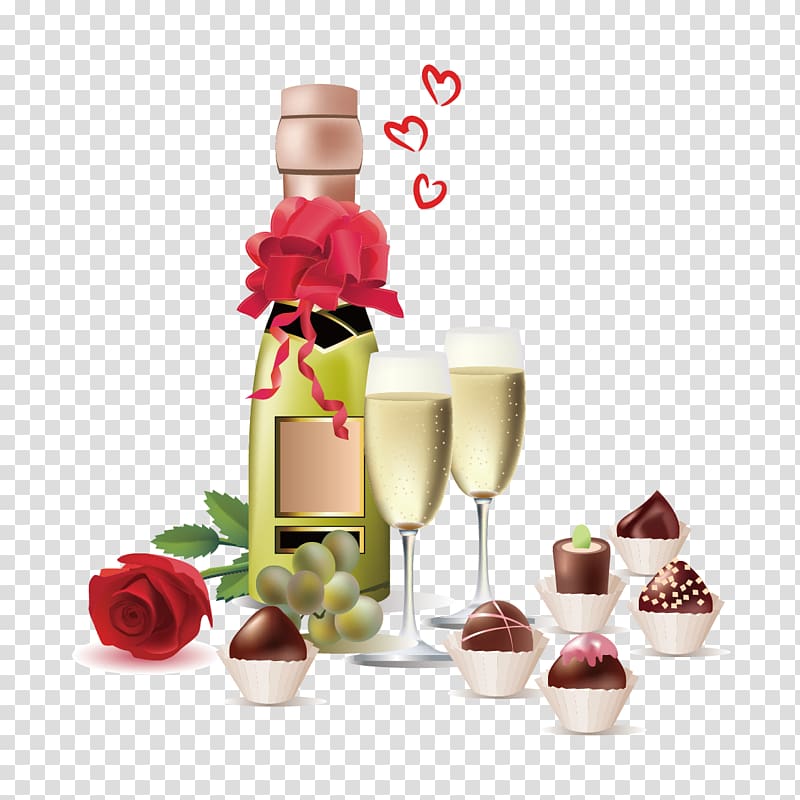 Champagne bottle with red bow, two filled flutes, chocolates, red rose, and grapes on transparent background.
