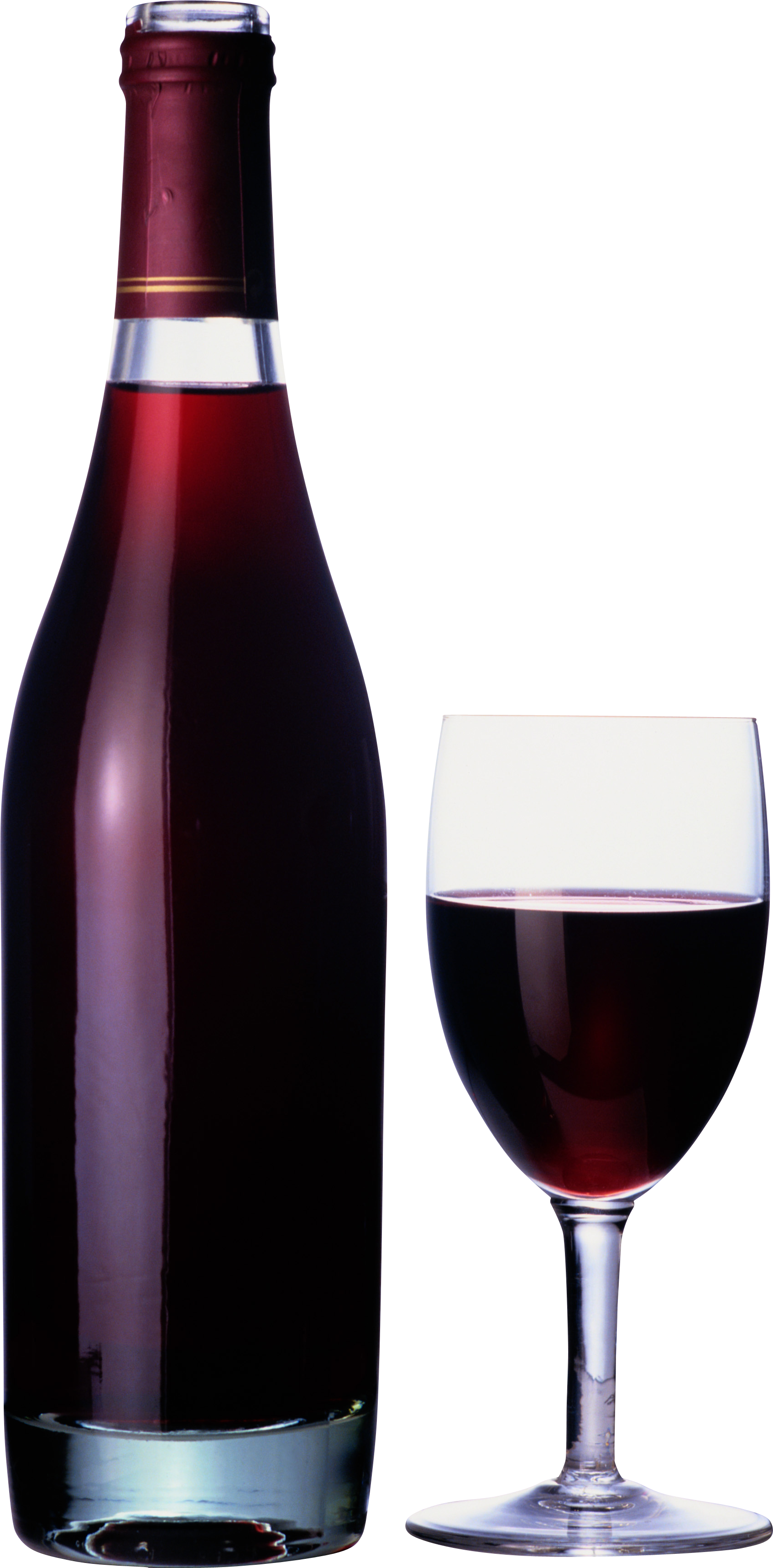 A dark red wine bottle with foil cap beside a filled wine glass on white background.